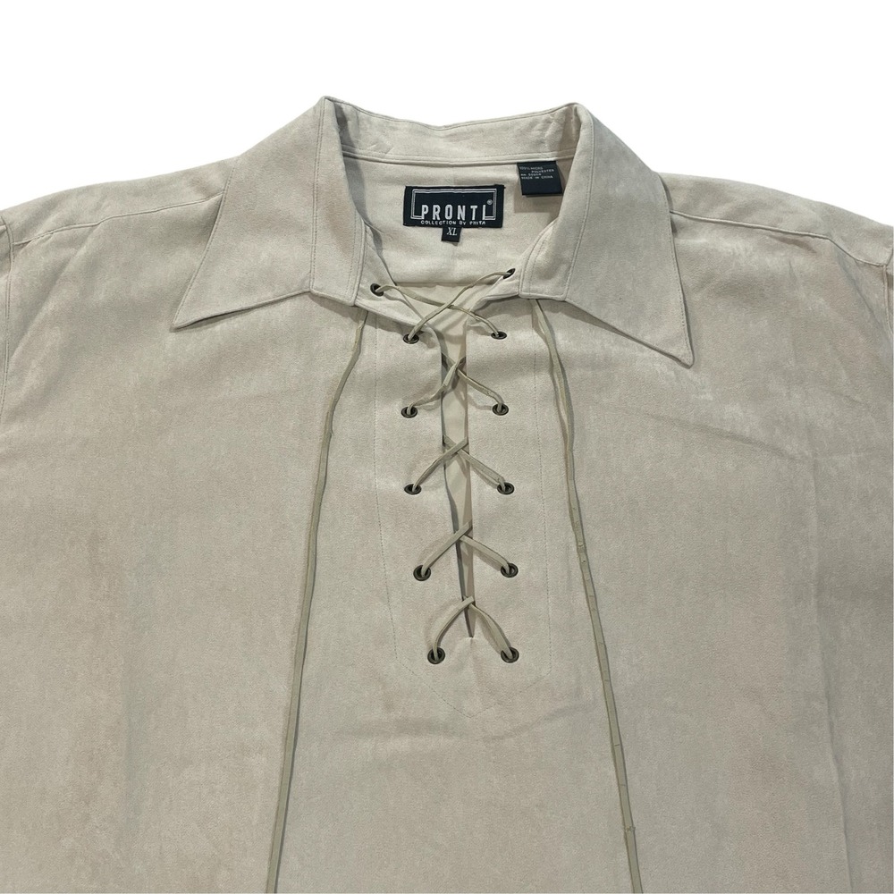 Pronti Collection Phita Mens XL Faux Suede Lace Up Shirt Tan Beige Long Sleeve